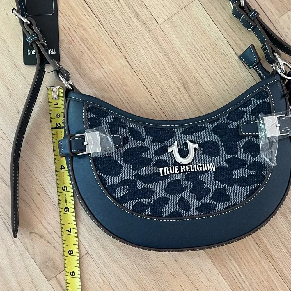 True Religion Women Navy Blue Leopard Print Denim Crescent Shoulder Bag‎ New